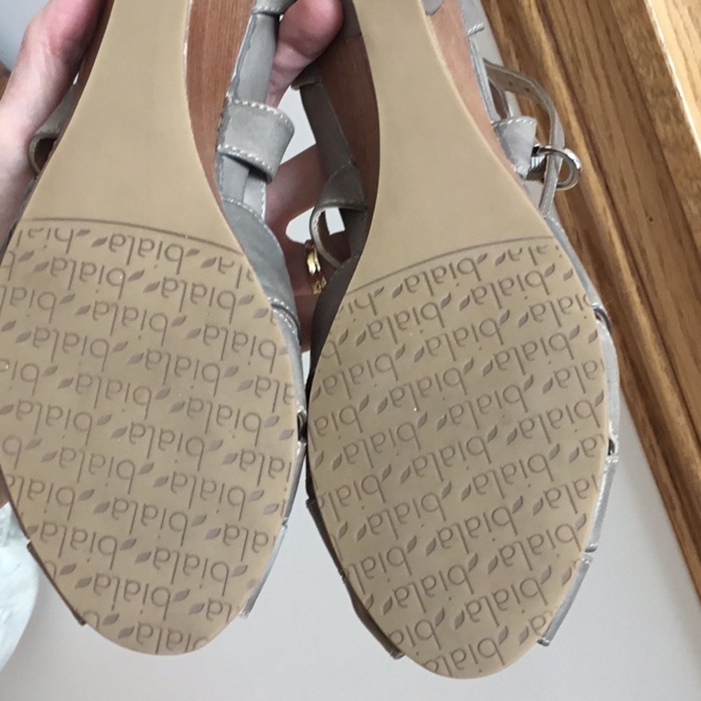 BIALA Peep Toe Wedge Leather Tan Gray Ankle Wrap Strap Shoes Size 39 - Picture 14 of 16